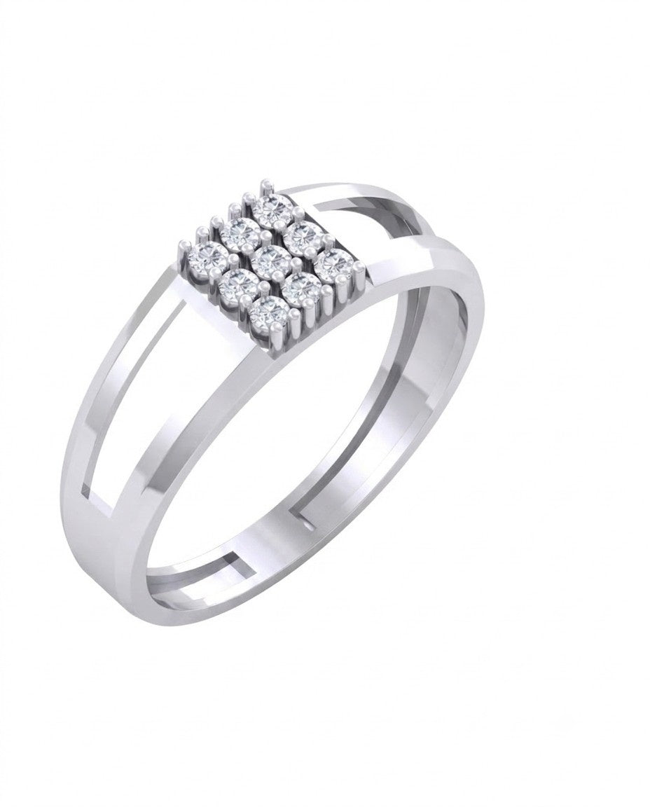 White gold and diamond ring with square cluster diamond on a white background.