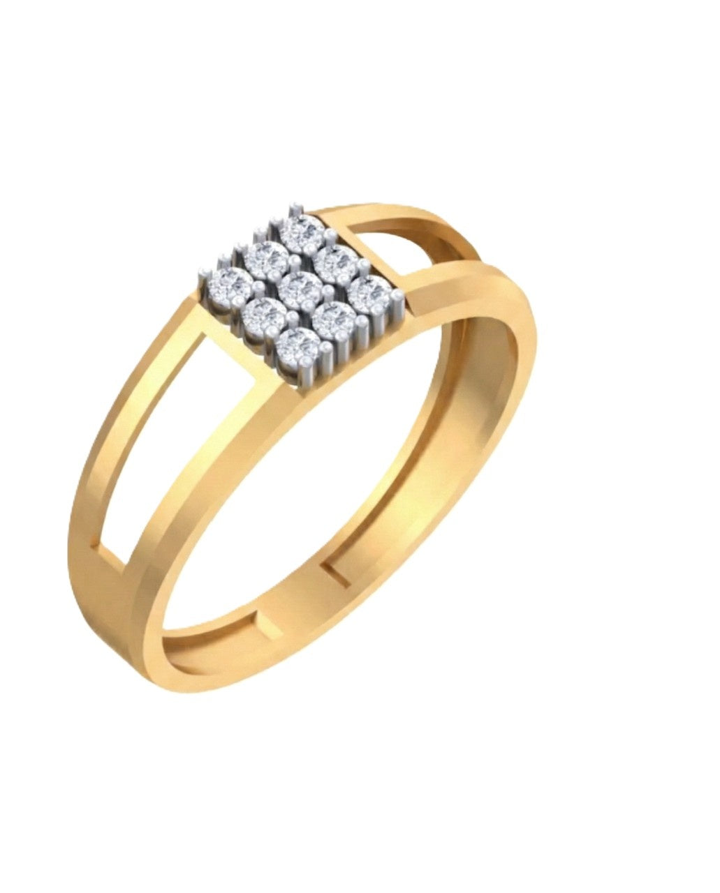 Yellow gold and diamond ring with square cluster diamond on a white background.