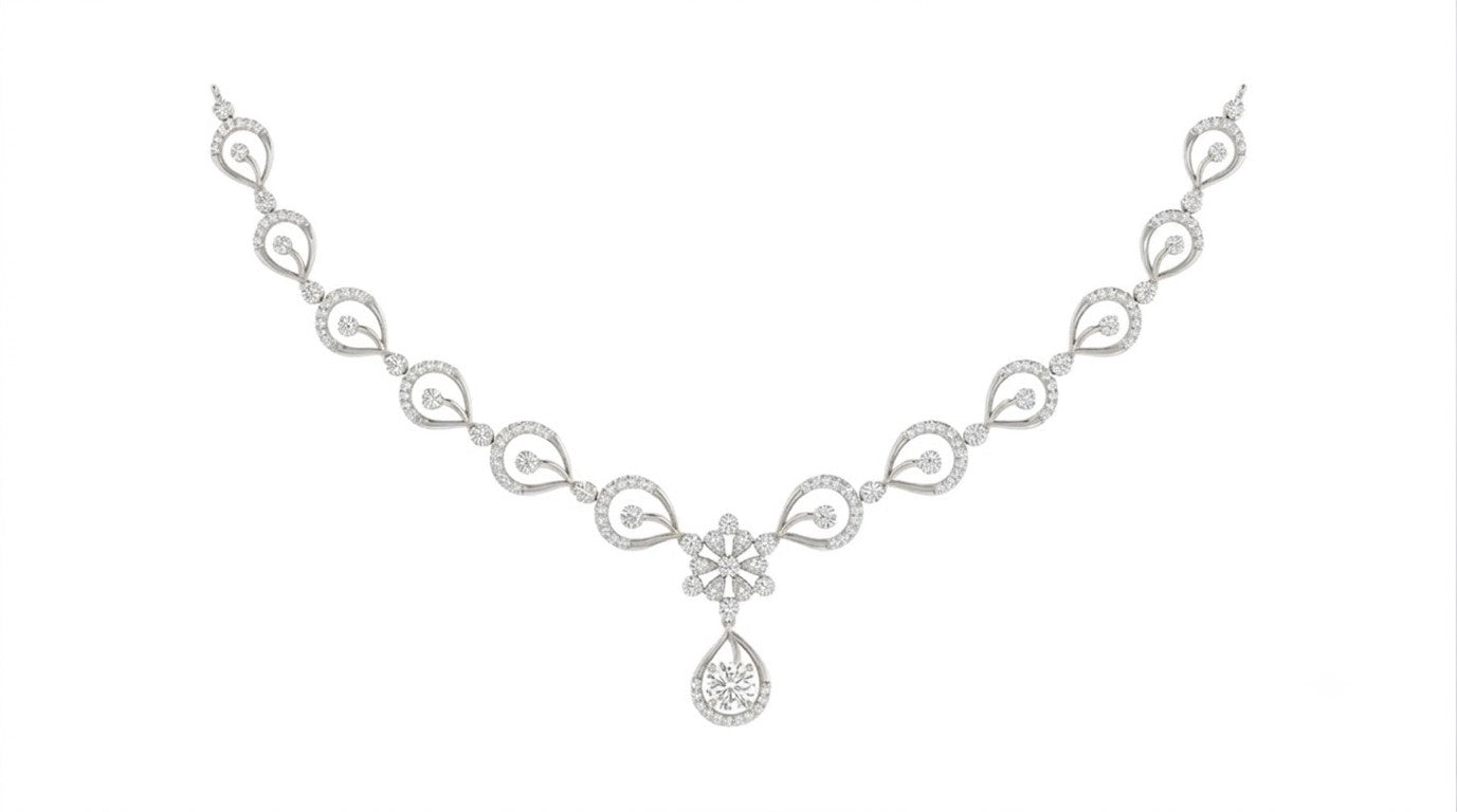 A white gold and diamond necklace with a teardrop pendant, displayed on a solid white background.