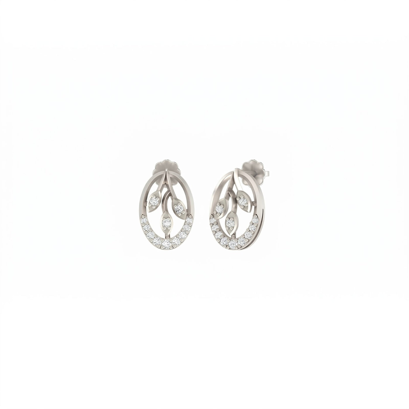 White gold and diamond stud earring on a white background.