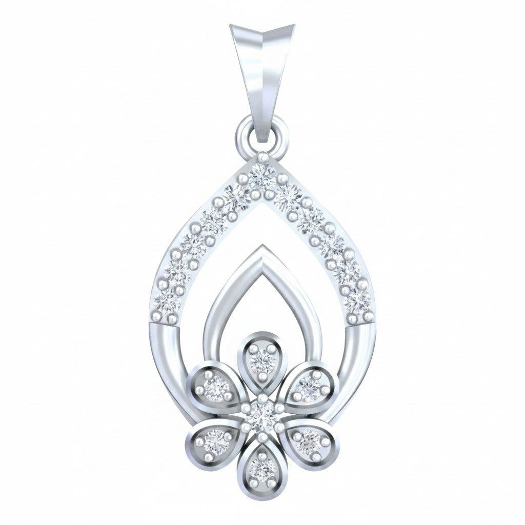 white gold pendant with floral design and clear stones on a white background