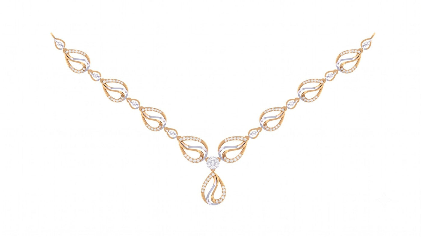 A delicate yellow gold and diamond necklace featuring a teardrop-shaped loops, set against a plain white background.