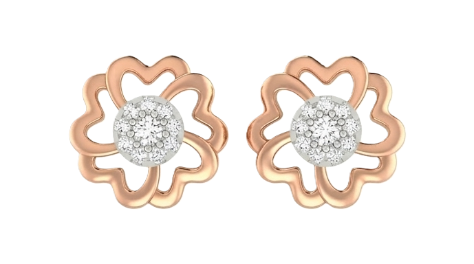 Rose gold and diamond loral earrings on a white background.