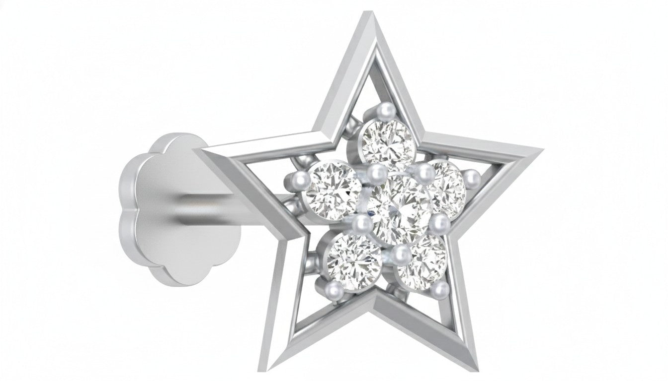 white gold and diamond stud nose pin with a central gemstone on a blue white background
