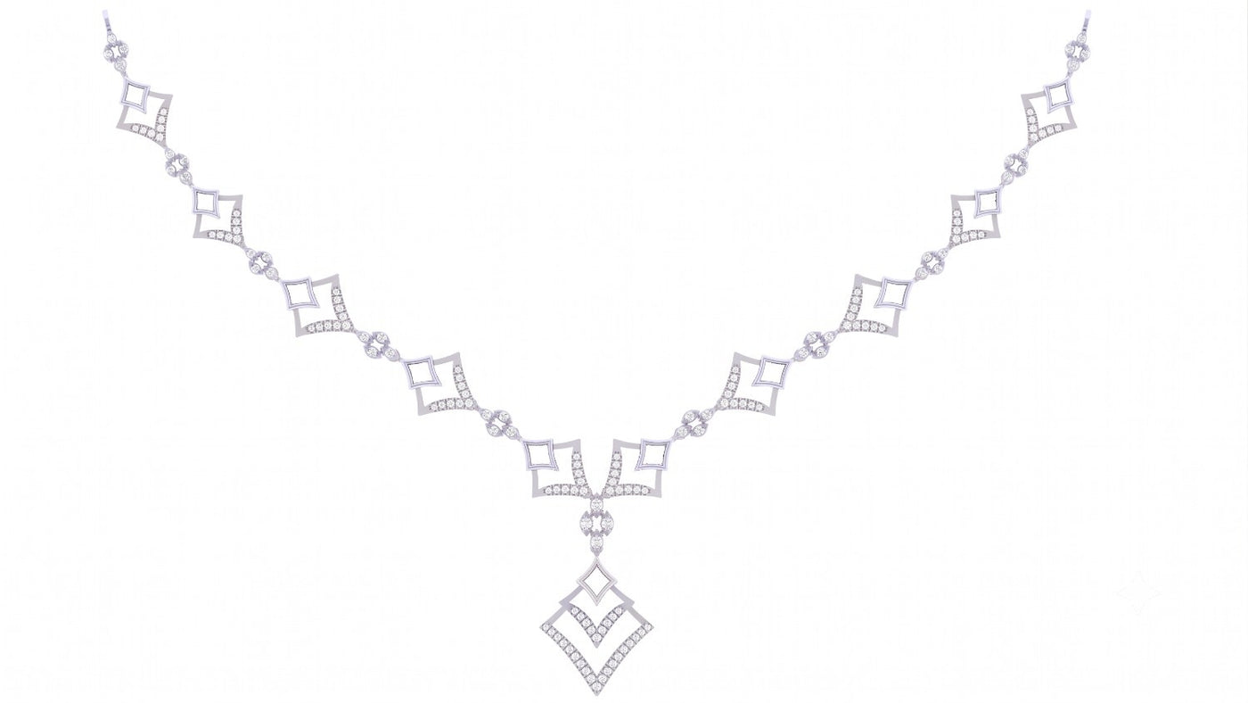 A white gold and diamond necklace featuring a geometric diamond patterns, shown on a plain white background.