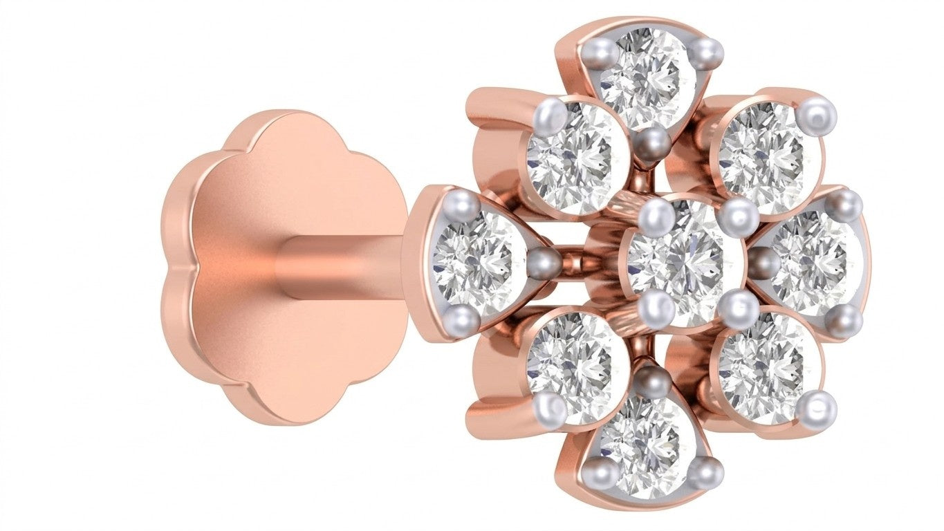 rose gold and diamond stud nose pin with small diamonds on a purple white background