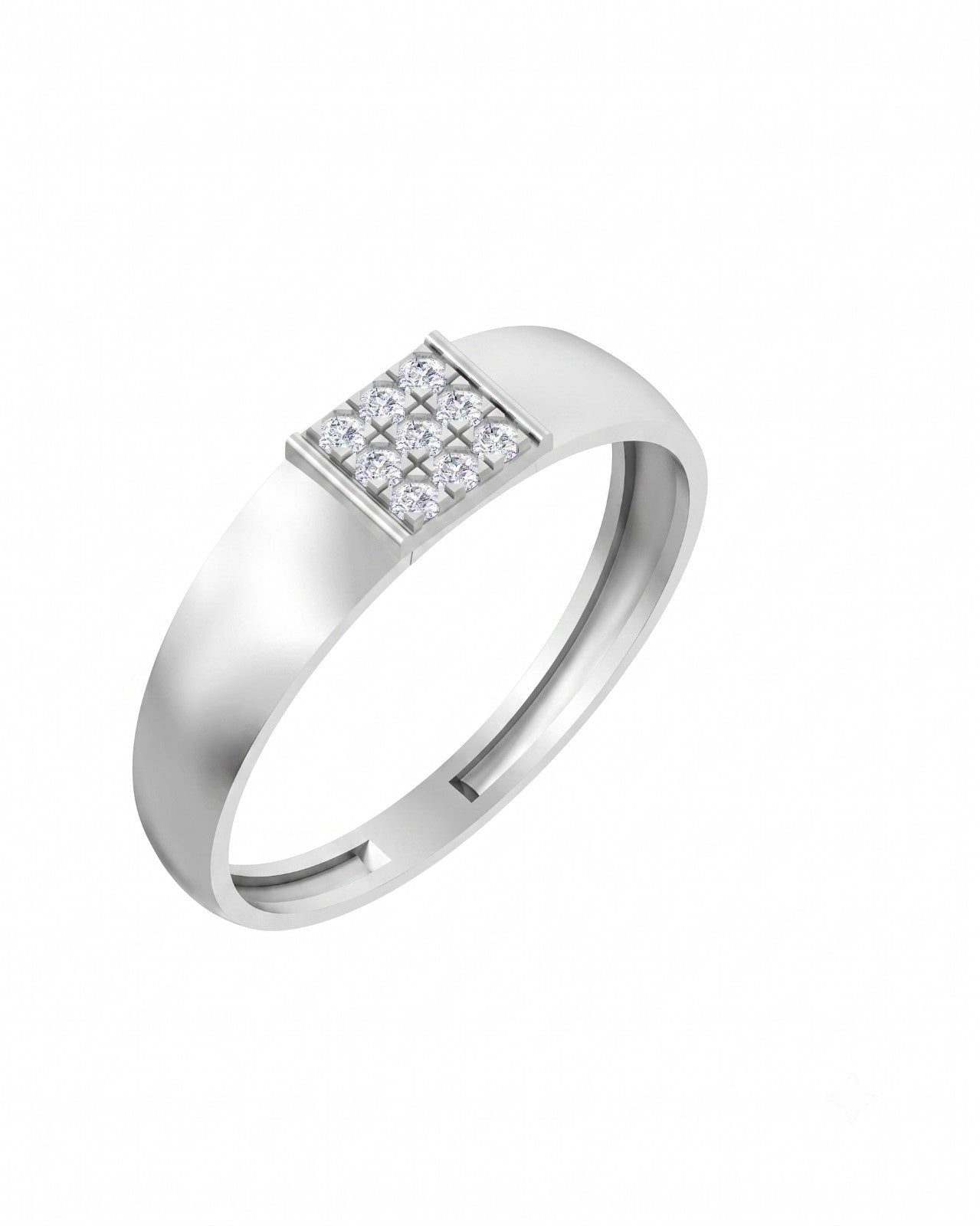 A white gold ring with a square-shaped diamond setting on a plain white background.