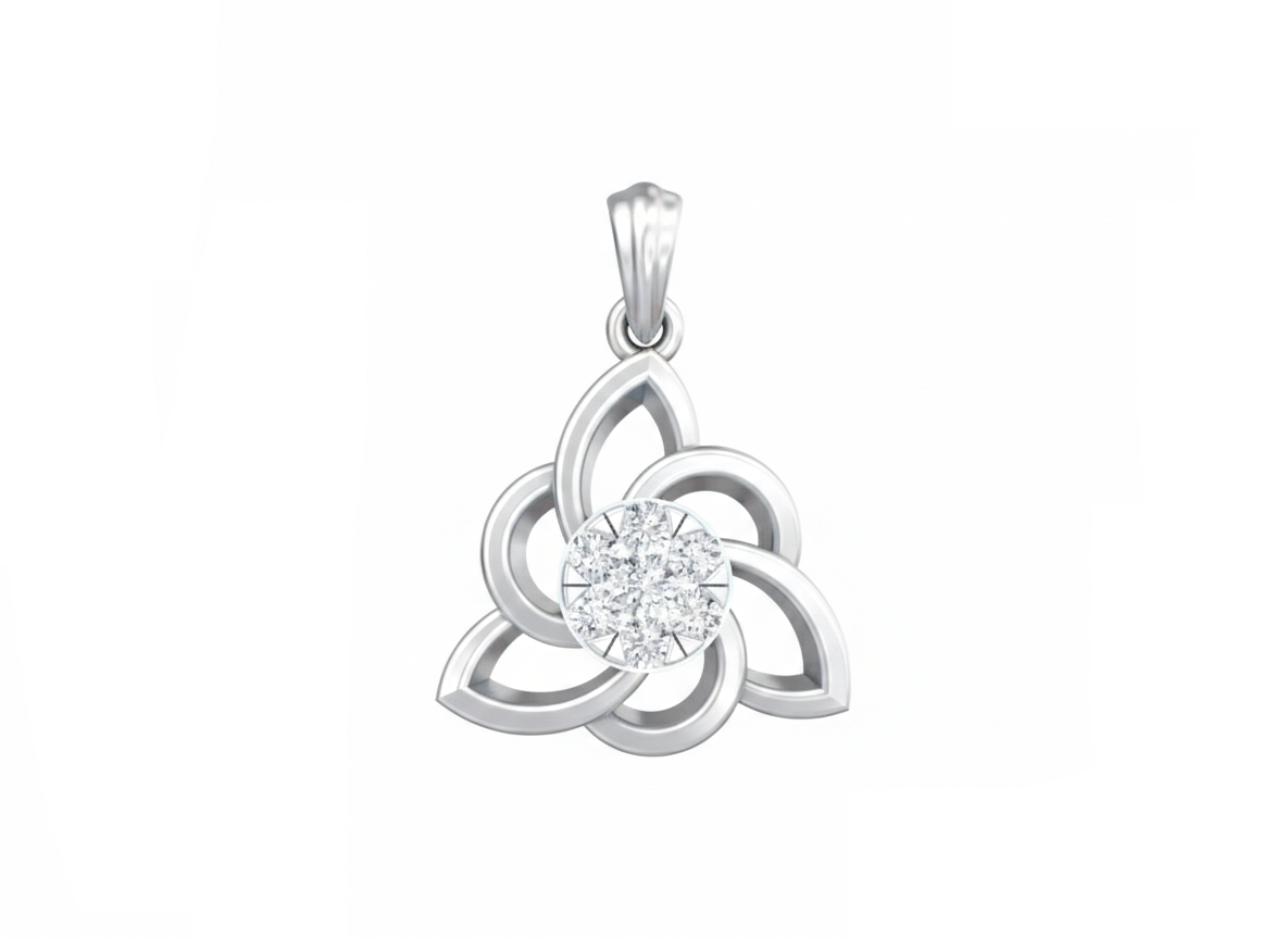 white gold pendant with a Celtic knot design and clear gemstone on a white background