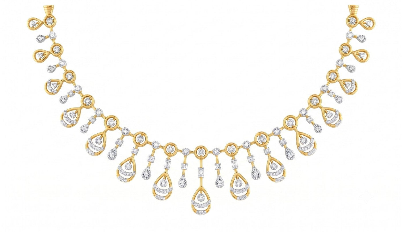 Yellow gold and diamond necklace with teardrop-shaped diamond, displayed on a clean white background.