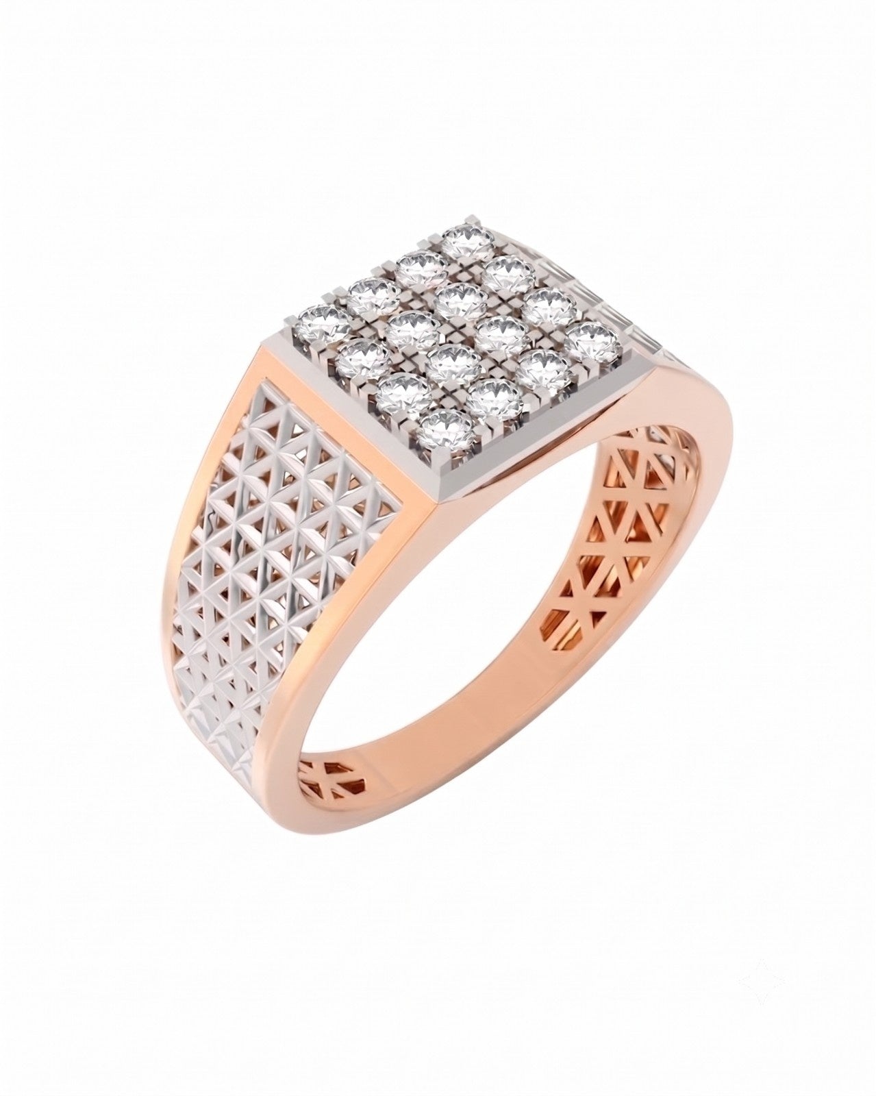 A diamond ring with a rose gold band, featuring a square top and a geometric openwork pattern, set against a plain white background.