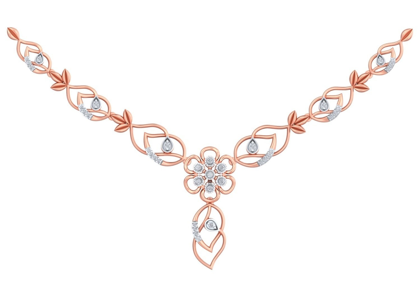 Rose gold necklace with diamond accents, featuring a central floral motif on a plain white background.