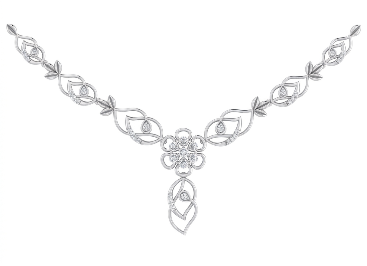 White gold necklace with floral design on a white background