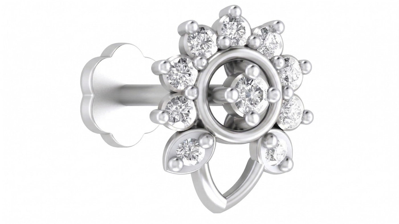Elegant white gold and diamond floral nose pin featuring sparkling diamonds in a delicate design.