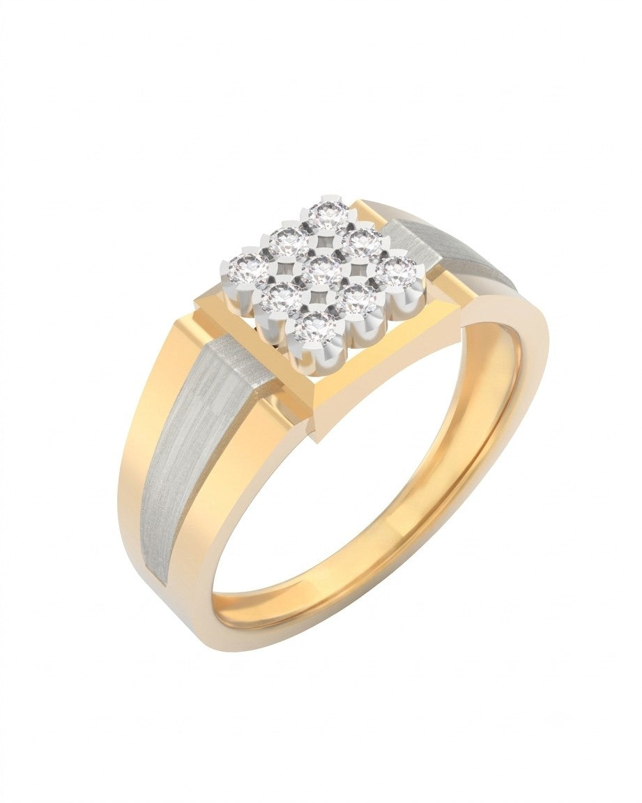 A yellow gold and diamond ring featuring a square cluster, on a white background.
