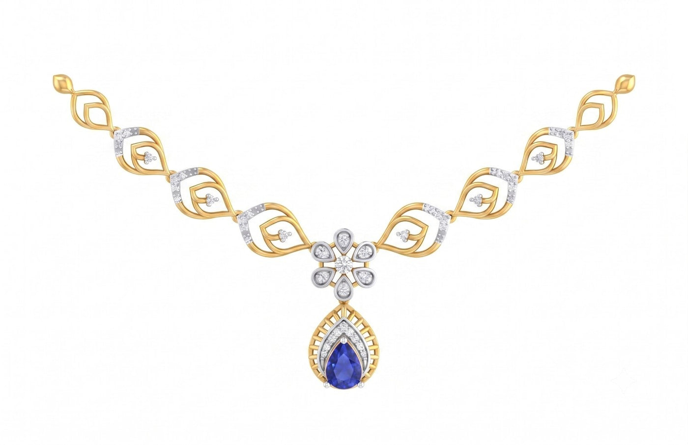 A yellow gold and diamond necklace featuring a teardrop-shaped blue sapphire gemstone, on a white background.