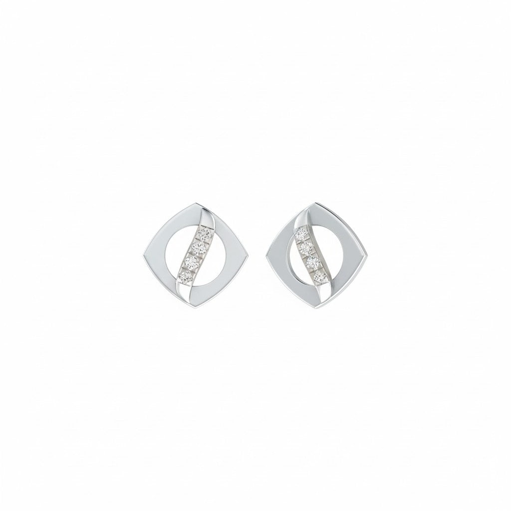 White gold and diamond stud earrings on a white background.