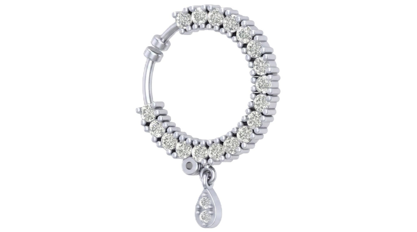 White gold and diamond nose ring with clear gemstones on a white background
