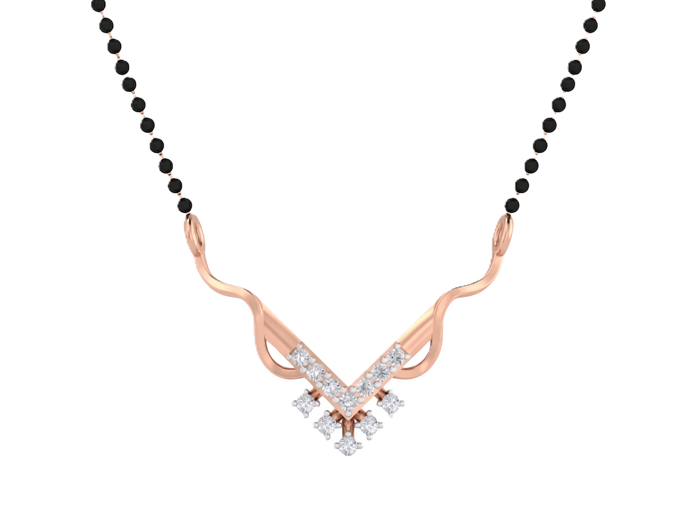 Rose gold mangalsutra with black beaded chain on a white background