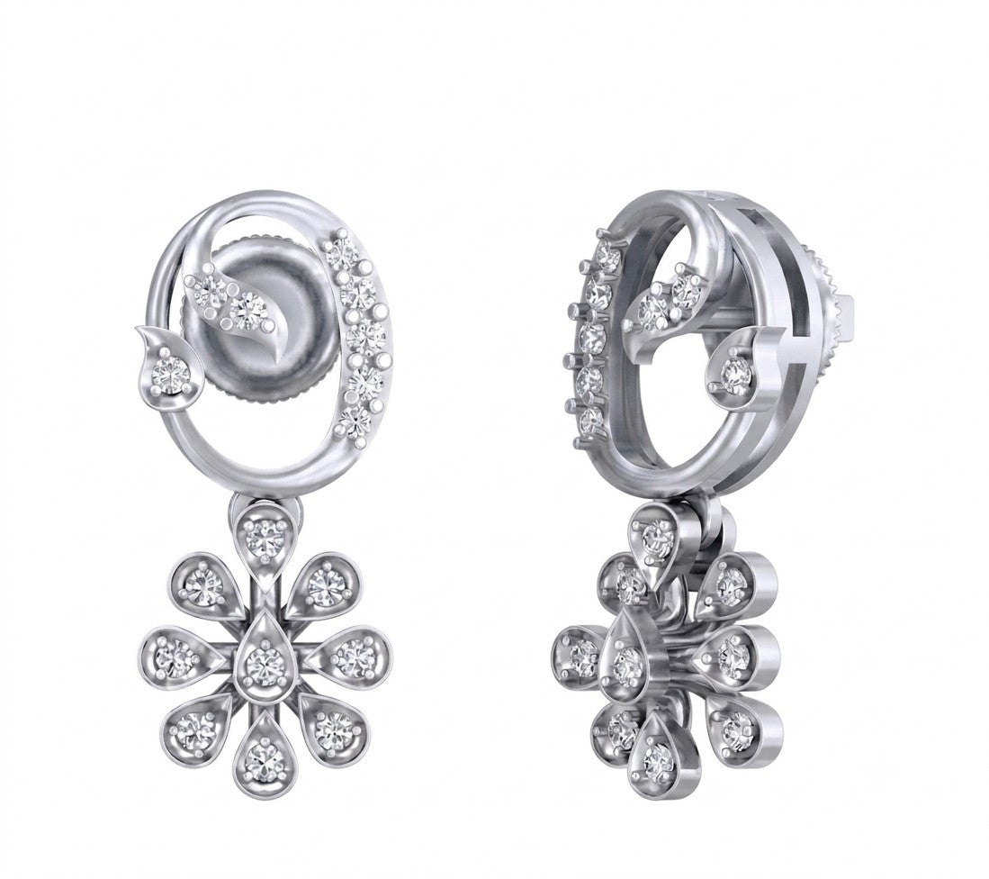 White gold and diamond drop earrings with floral designs on a white background
