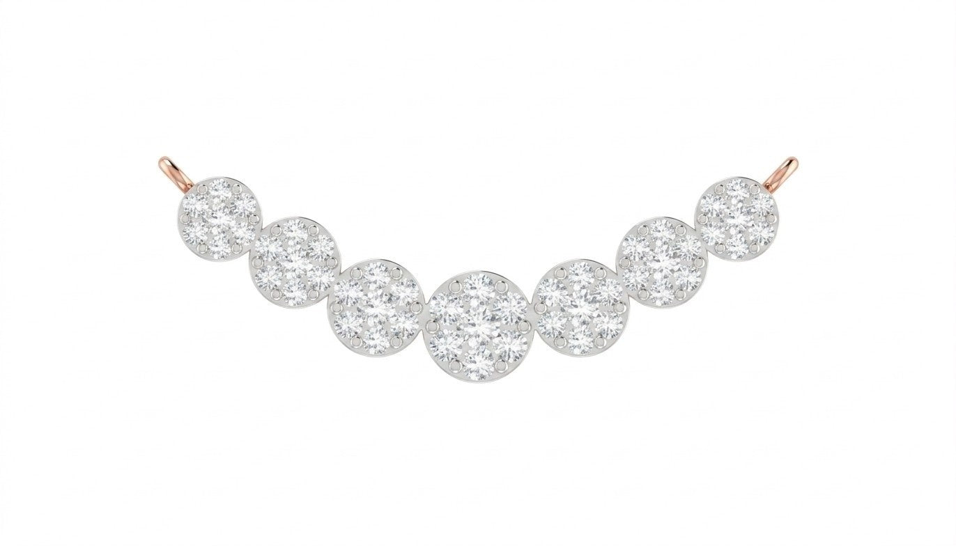 A rose gold and diamond mangalsutra featuring seven round pavé-set diamonds on a white background.