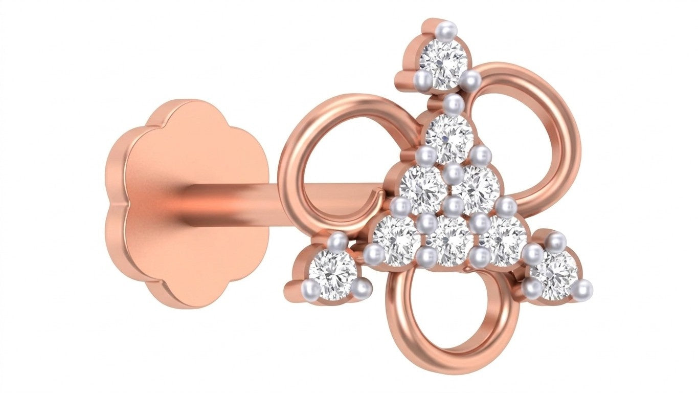 rose Gold and diamond stud nose pin pearl design on a white background