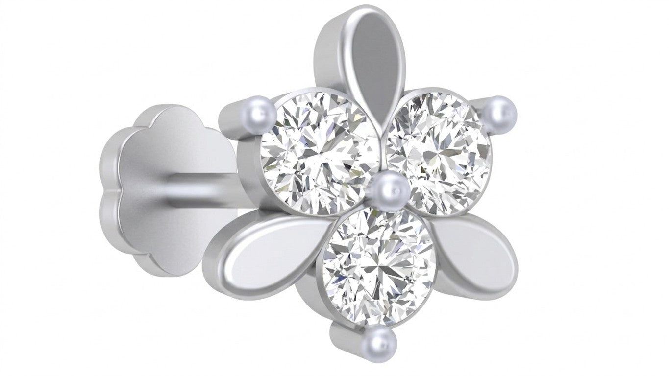 White gold and diamond stud nose pin on a white background
