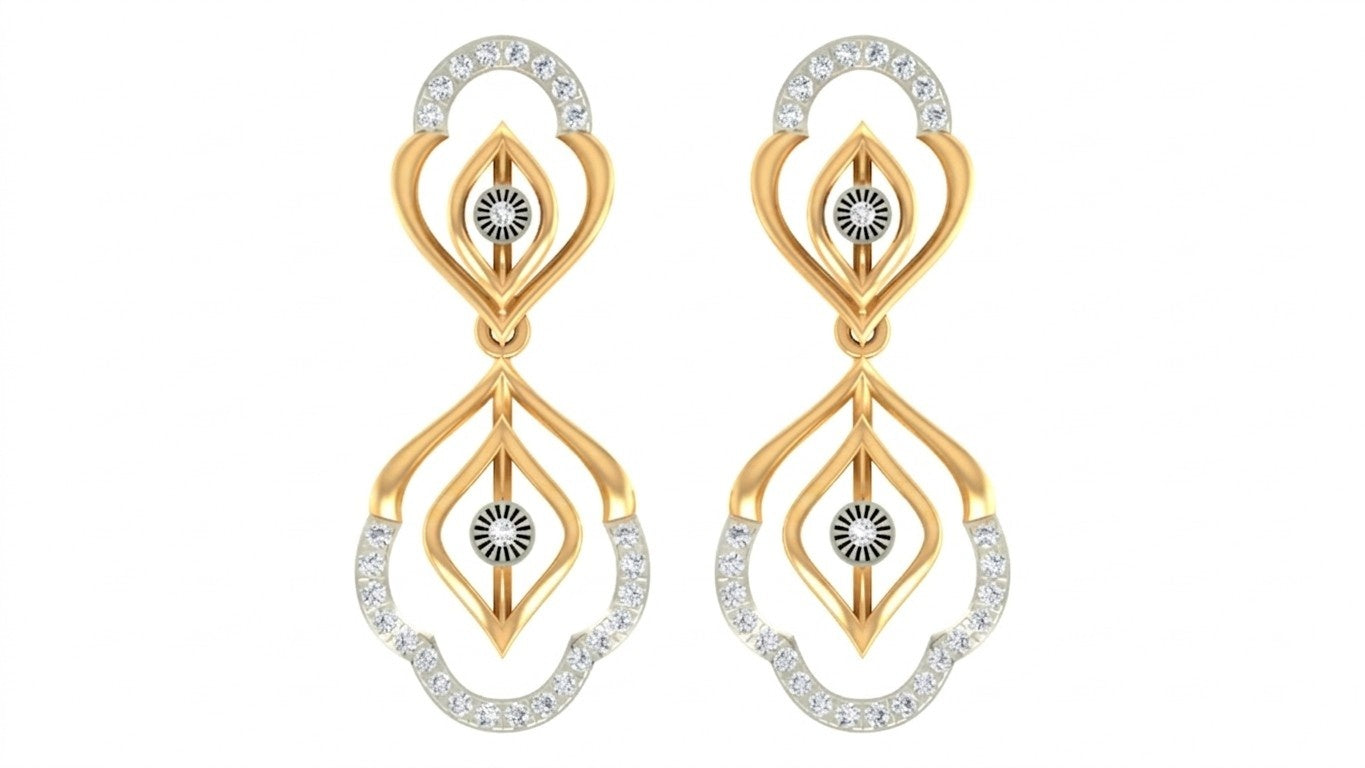 Yellow gold and diamond drop earring on a white background.