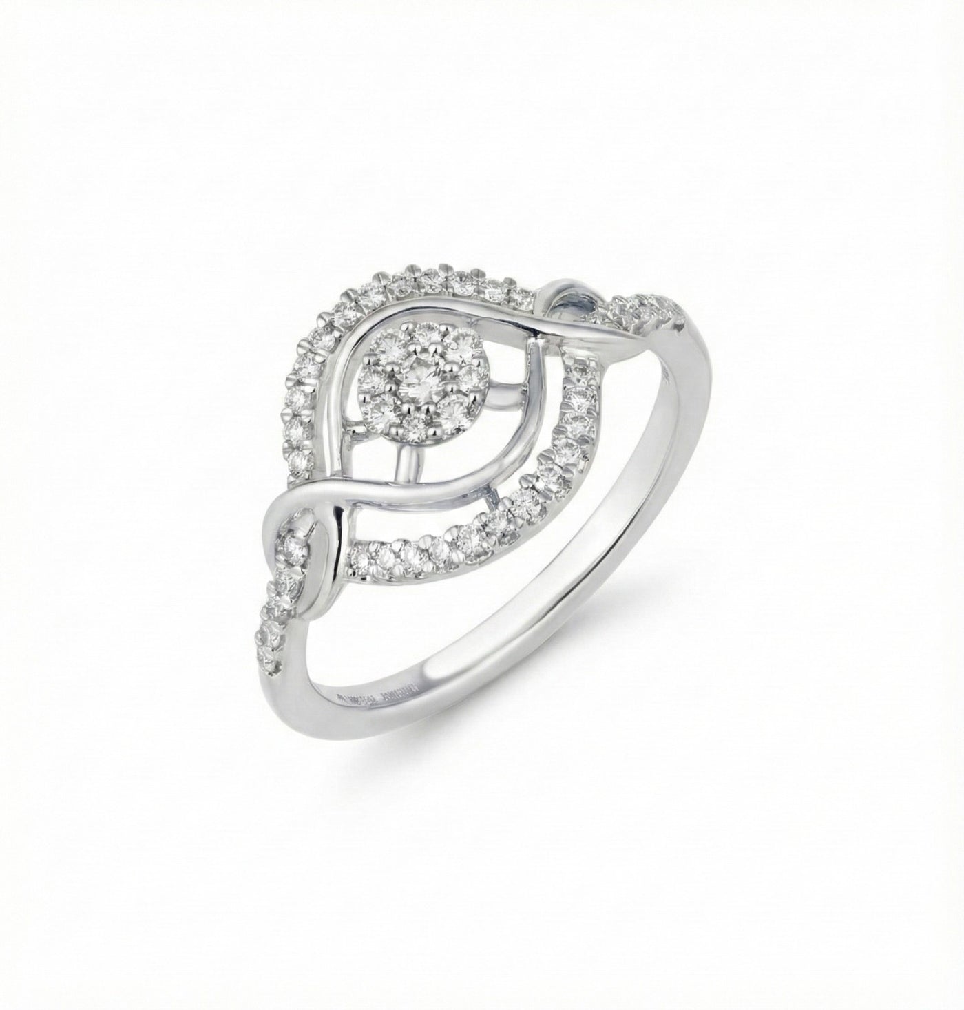 White gold ring with diamond accents on a white background