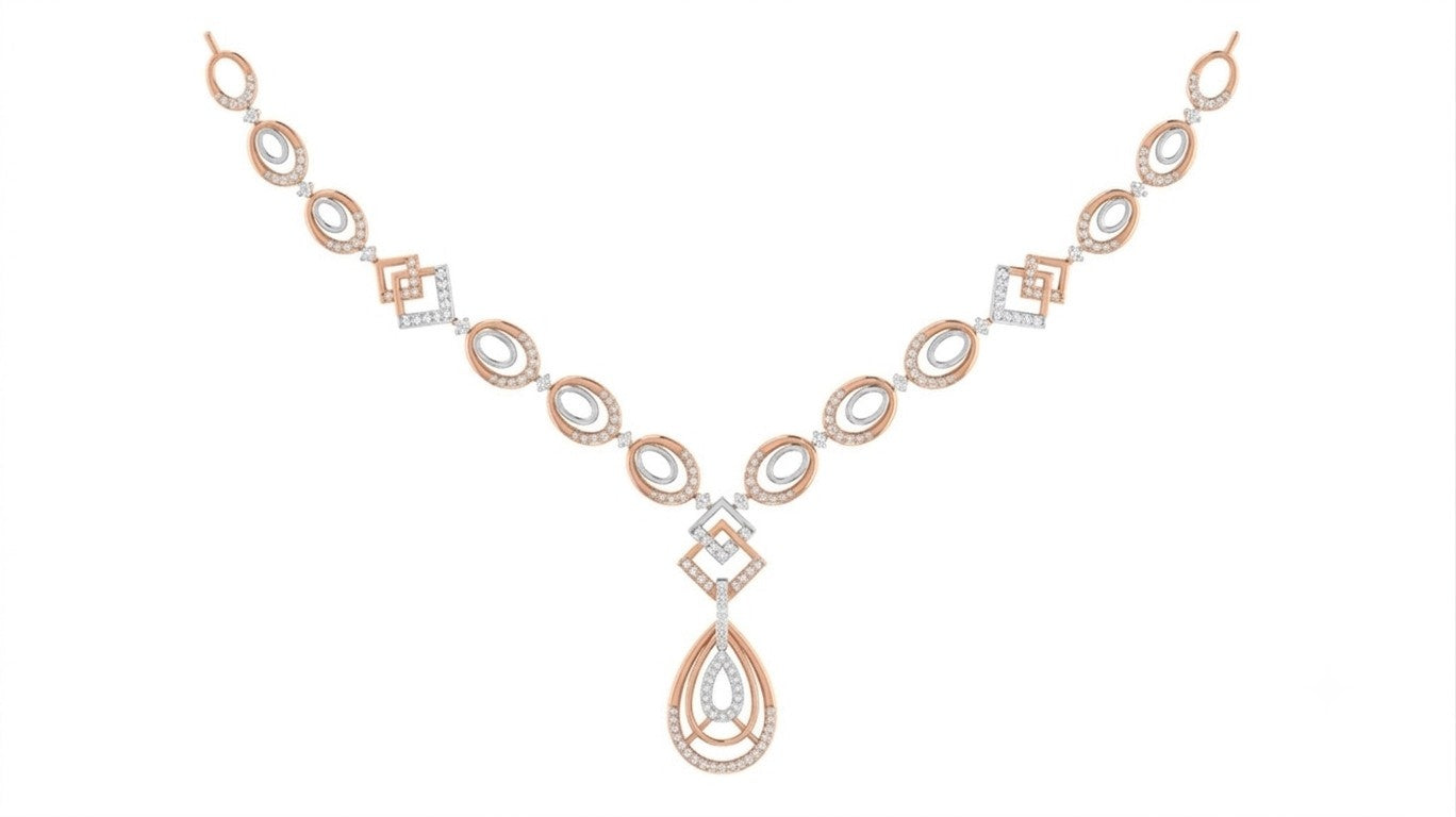 A rose gold and diamond necklace with a teardrop-shaped pendant, displayed on a solid white background.