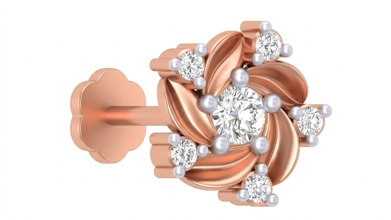 Rose Gold and diamond stud nose pin and pearl design on a white background