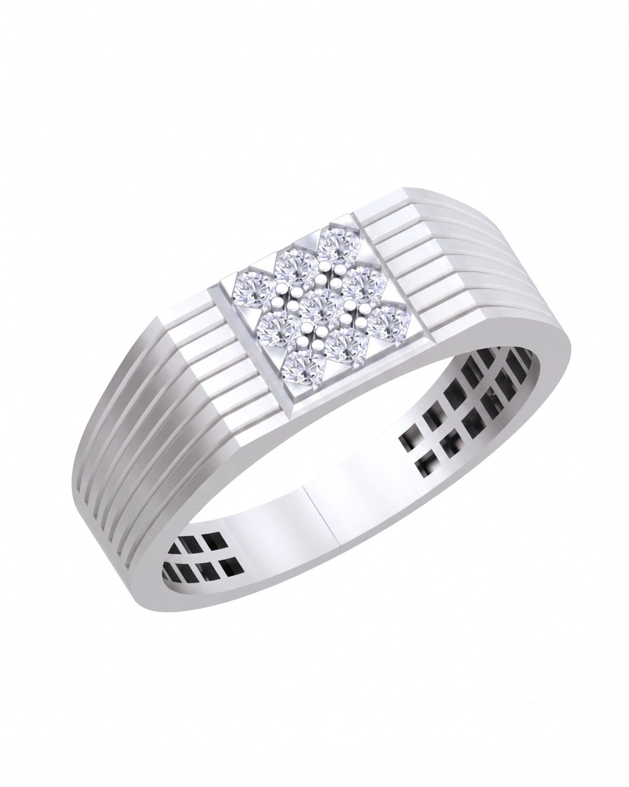 White gold and diamond band ring for men featuring a gold band with sparkling diamond accents.