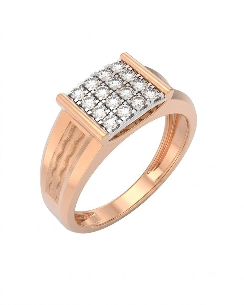 Rose gold and diamond band men's ring on a white background.