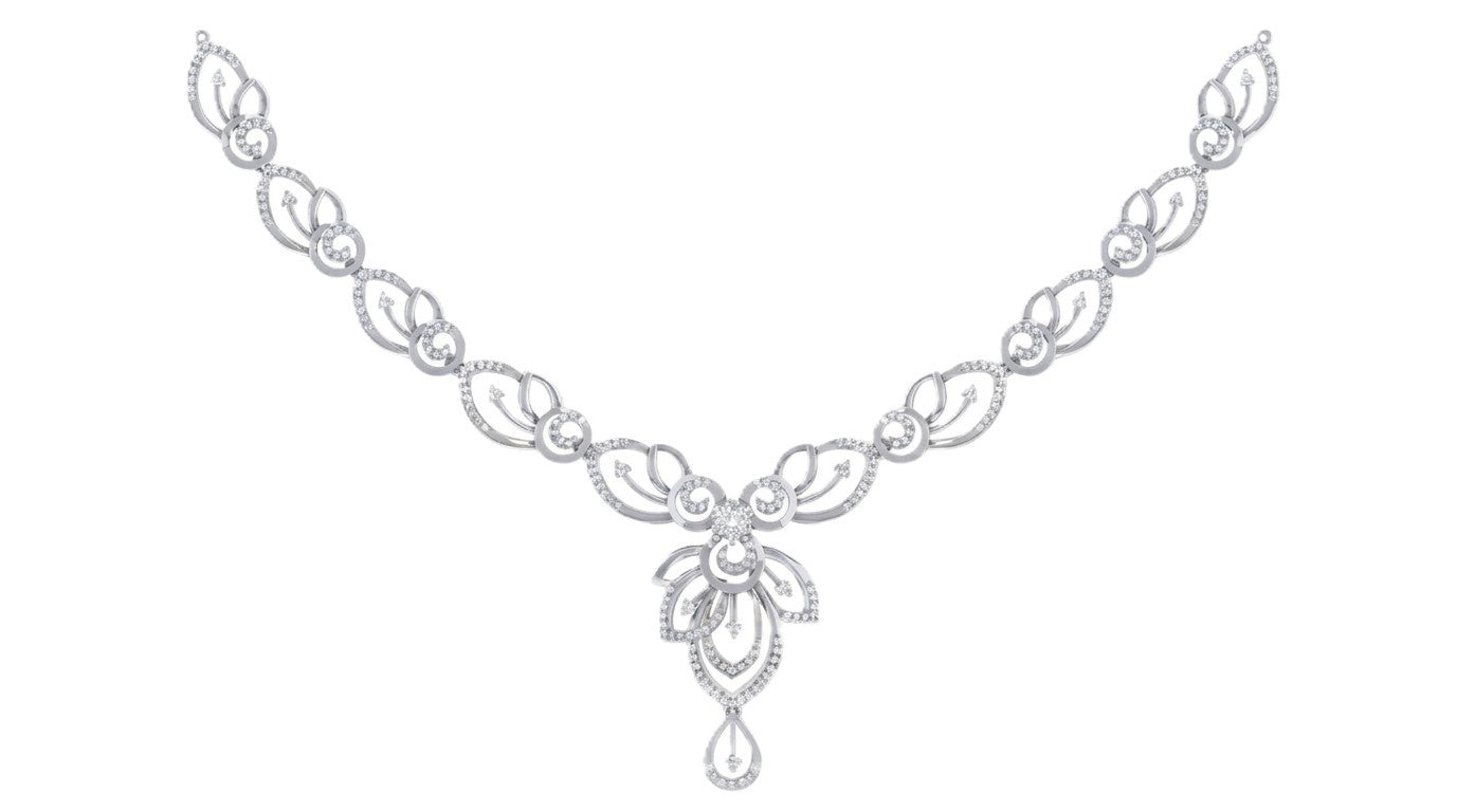A white gold and diamond necklace with a central floral, displayed on a clean white background.