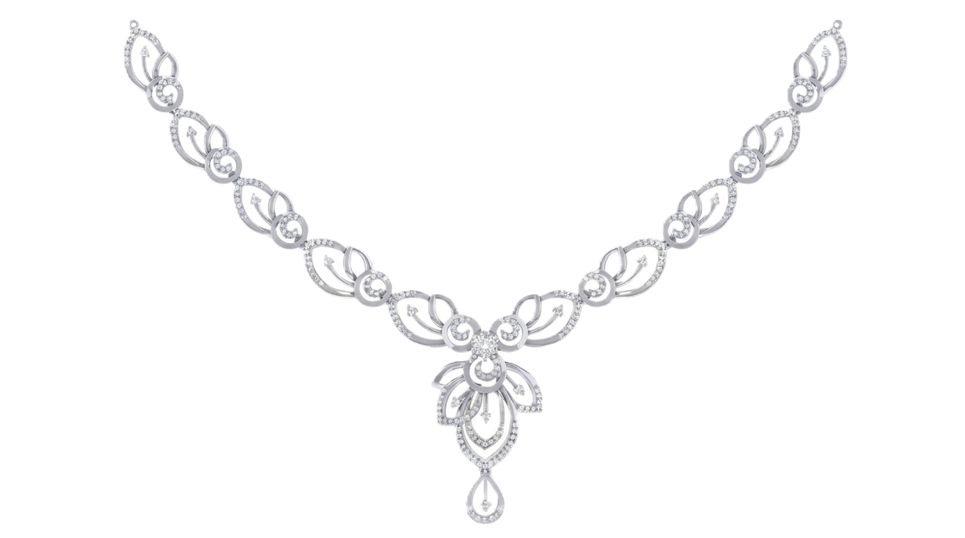 White gold necklace with leaf designs on a white background