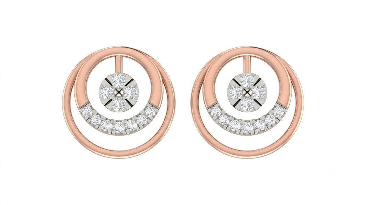 Rose gold and diamond stud earrings with circular design on a white background