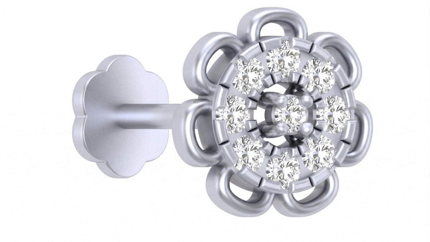 white gold and diamond stud nose pin with diamond-like stones on a white background