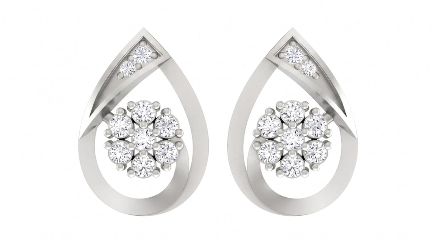 White gold and diamond stud earring with teardrop-design on a white background