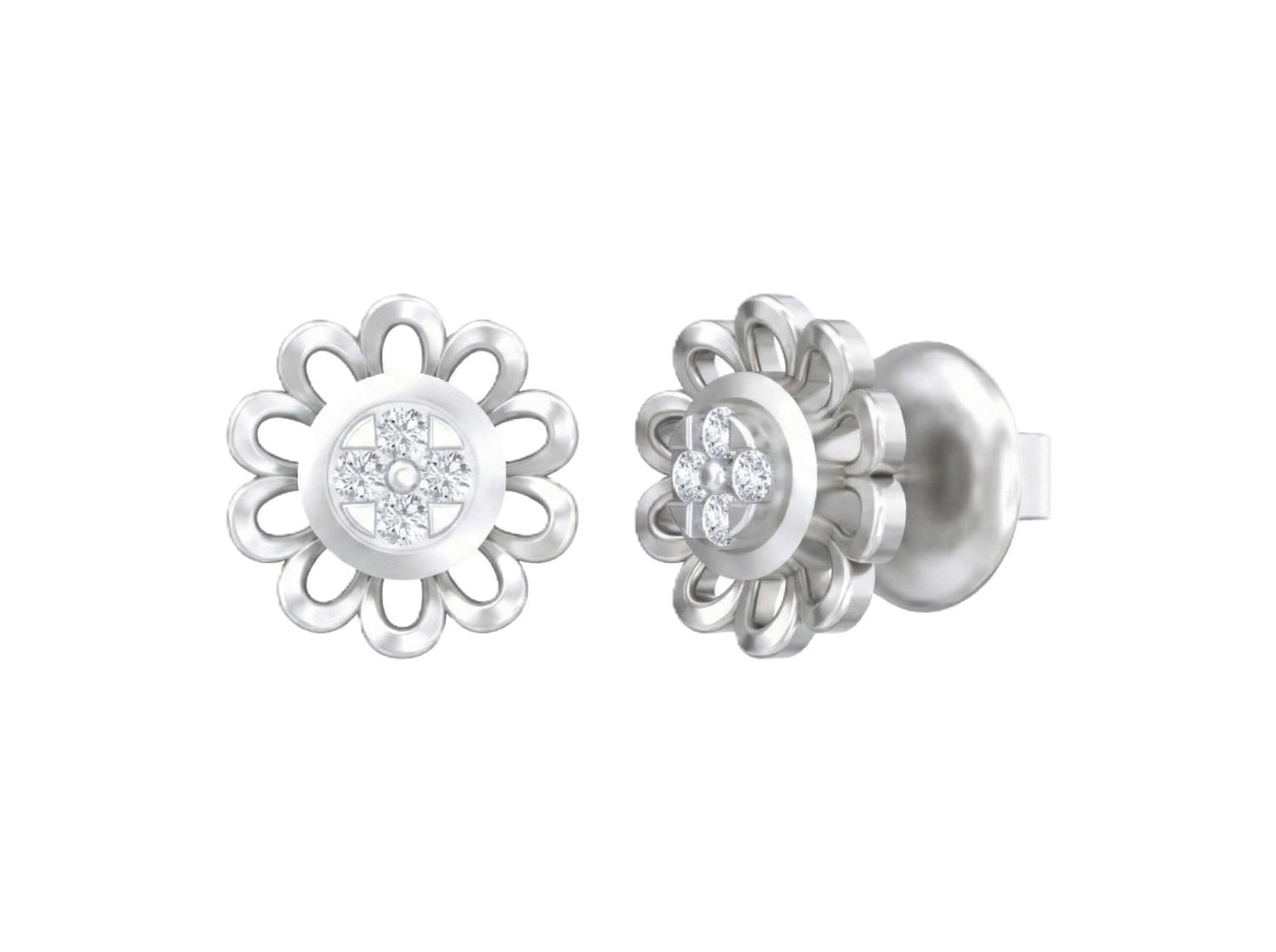 White gold and diamond floral stud earring on a white background.