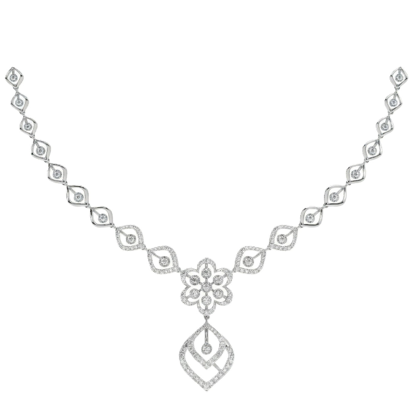 White gold and diamond necklace with a floral  design on a white background