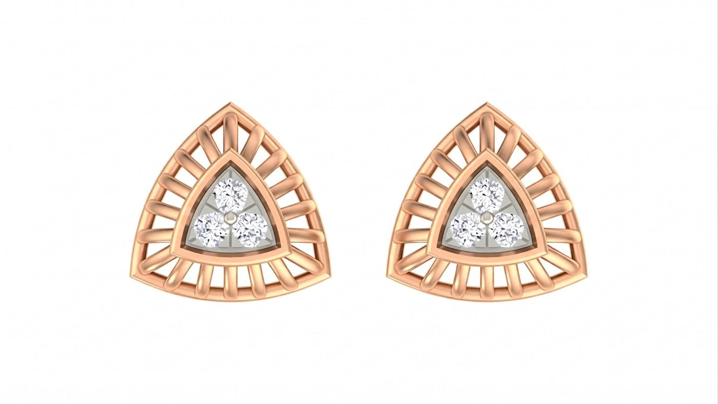 Rose gold and diamond triangle-shaped stud earrings on a white background