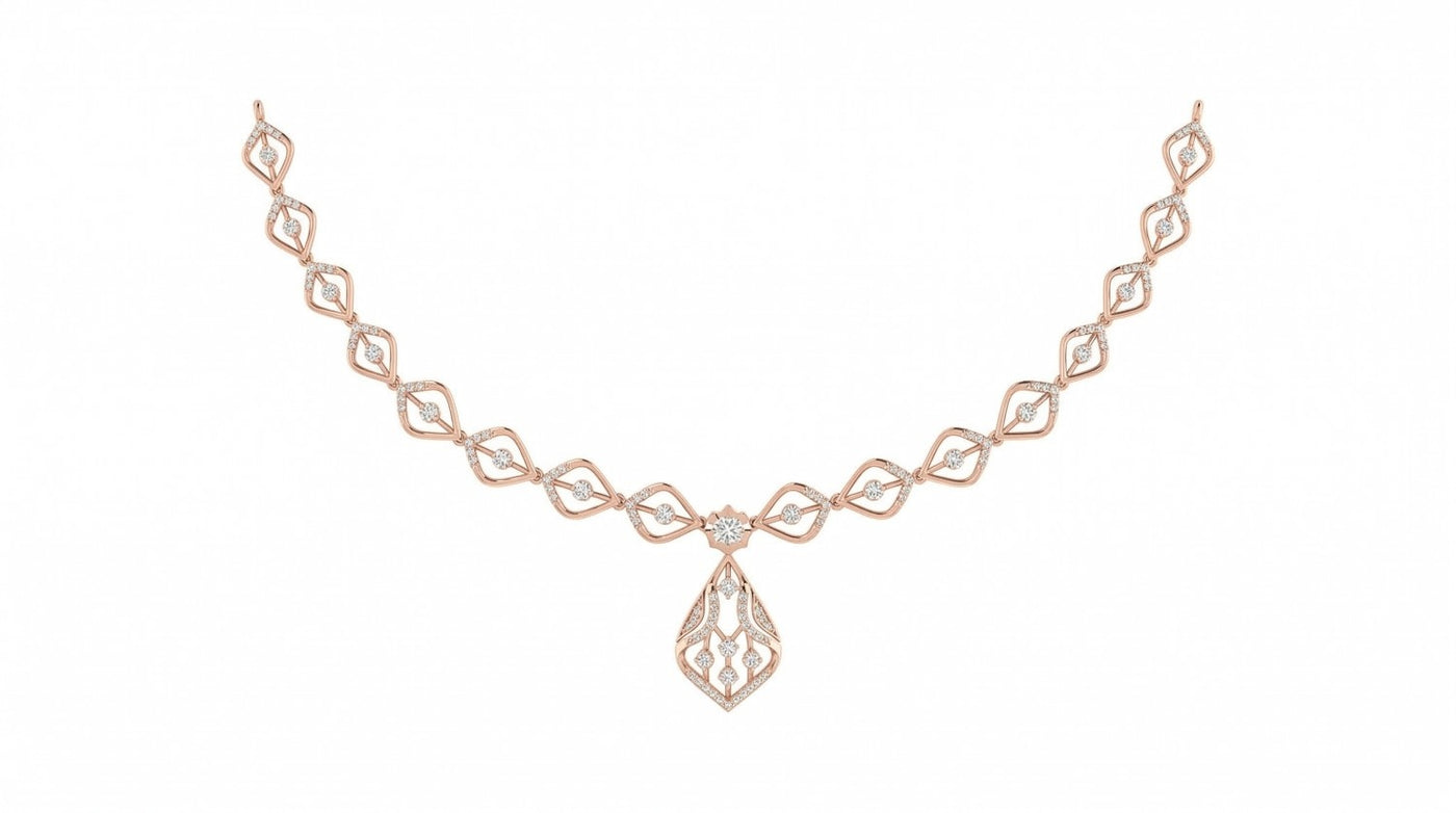 Rose gold necklace with a teardrop design on a white background