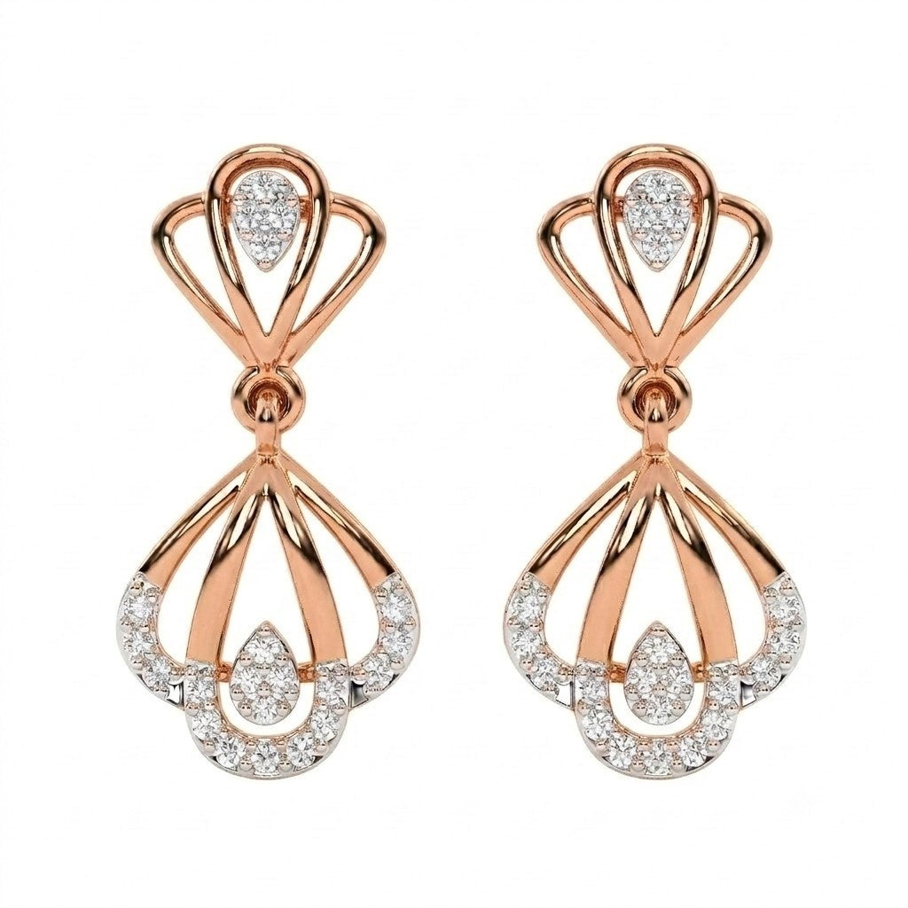 Rose gold and diamond drop earrings on a white background