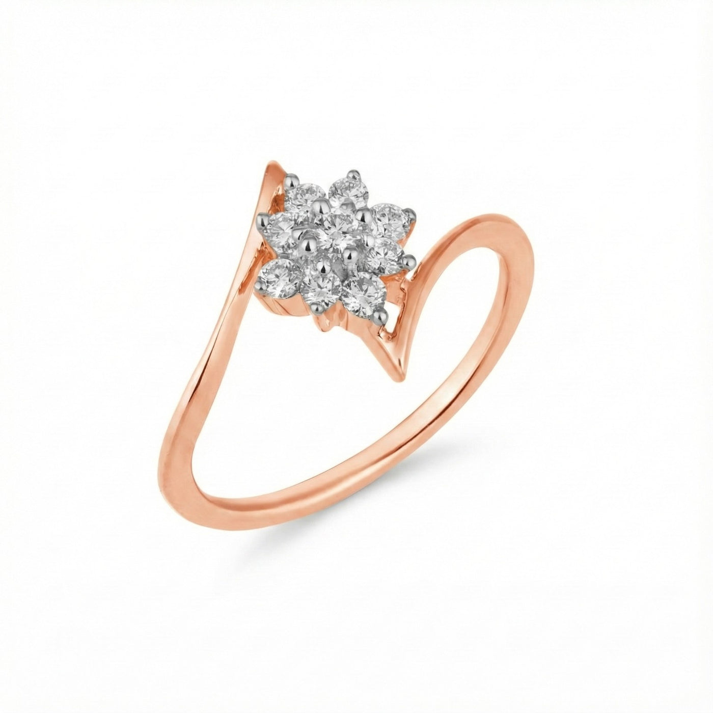 Rose gold ring with a diamond flower design on a white background