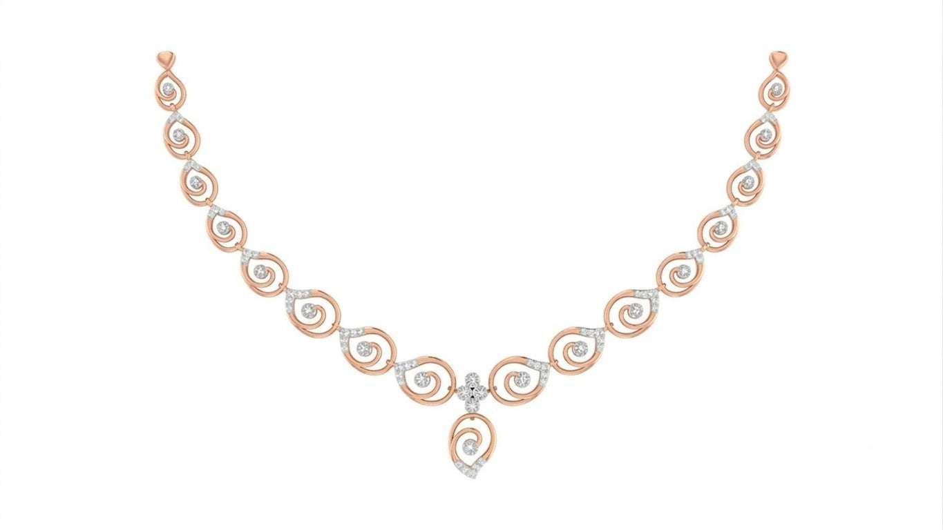 A rose gold and diamond necklace set, displayed on a solid white background.