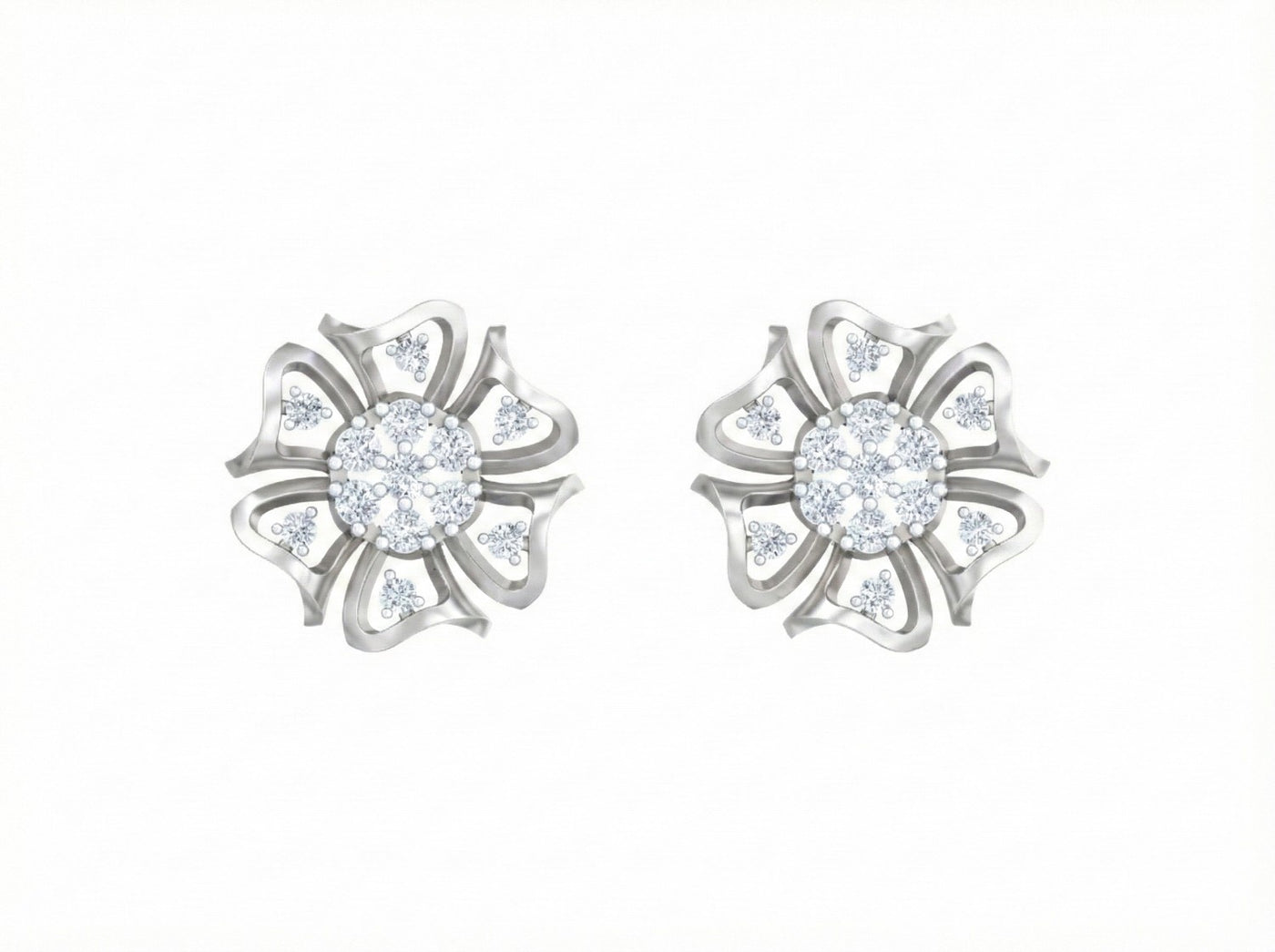 White gold floral earrings with diamond-like stones on a white background