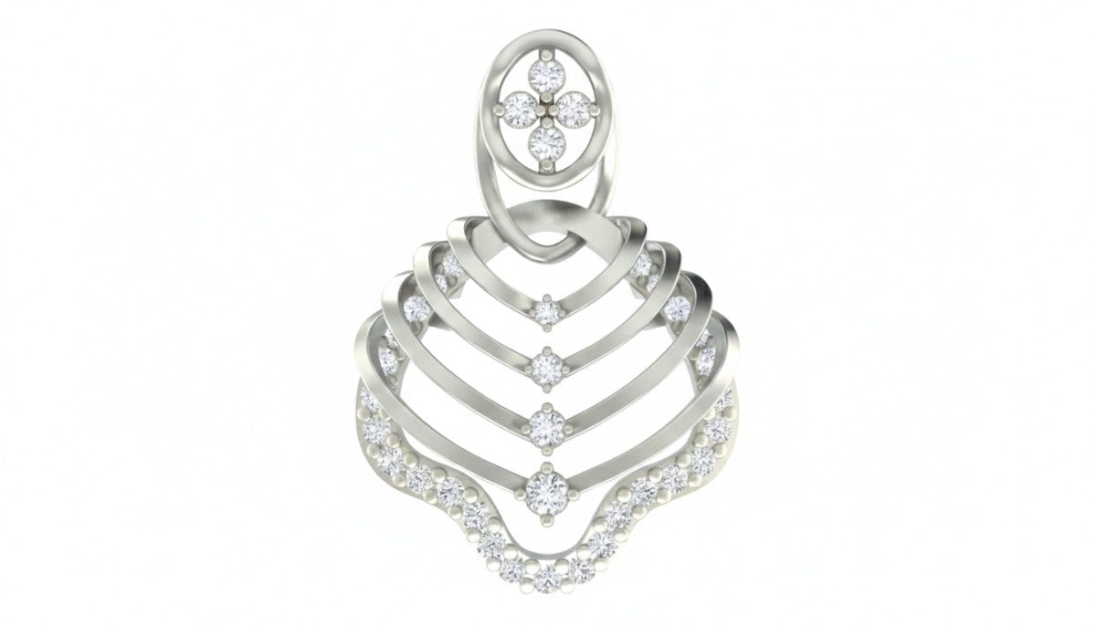 A white gold pendant featuring a scalloped, layered design with clear gemstones, including a floral motif at the top and a curved row of stones along the lower edge, set against a plain white background.