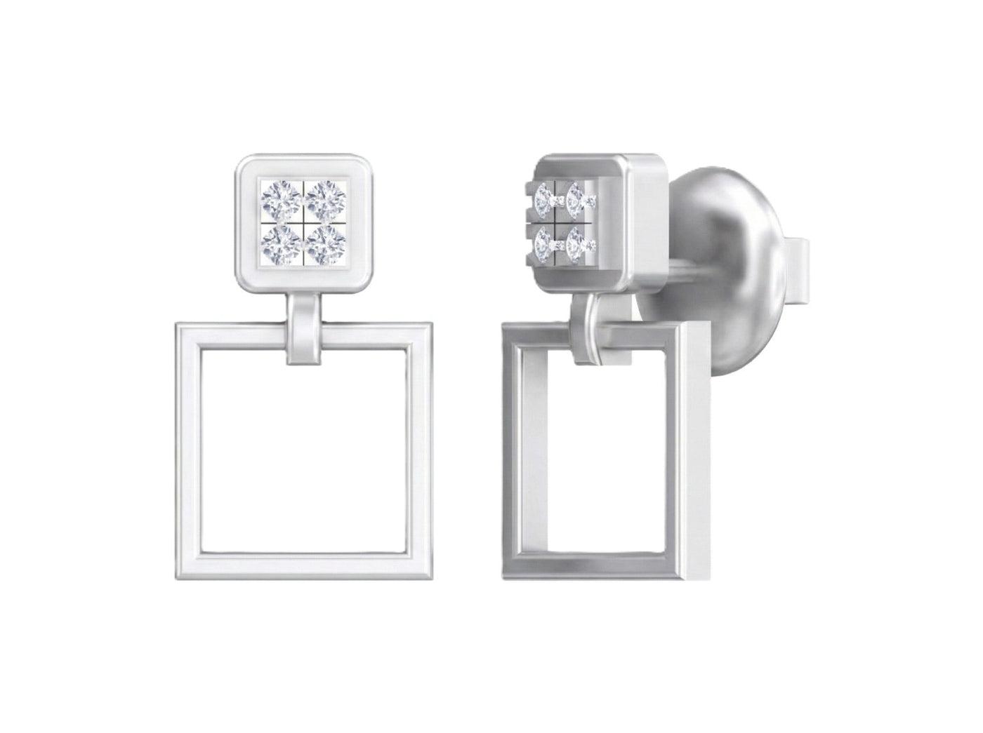 White gold and diamond square earrings on a white background.