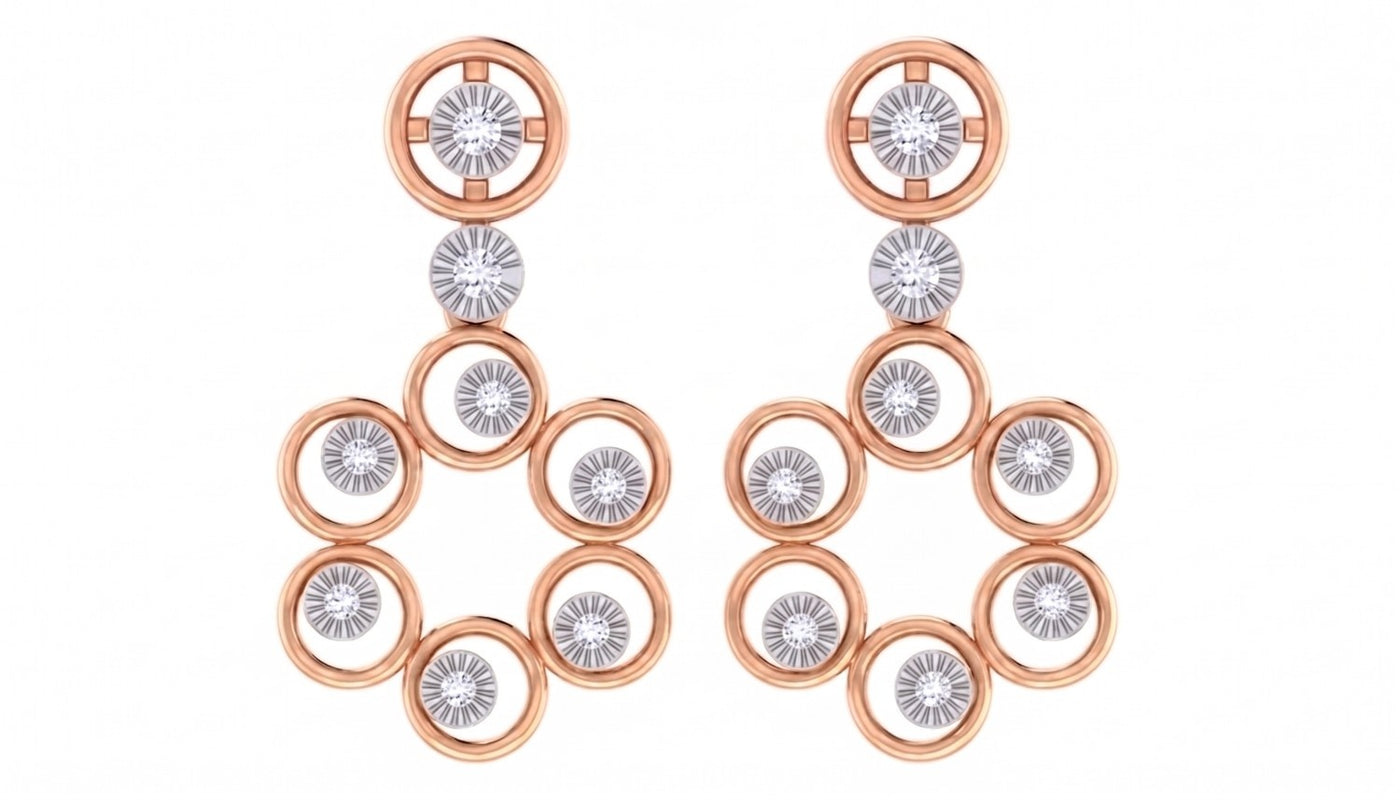 Rose gold and diamond drop earrings on a white background.