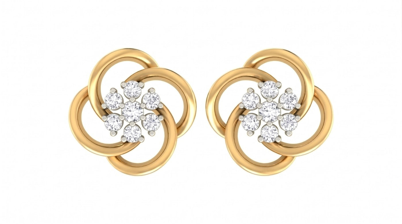 Yellow gold and diamond floral stud  earrings on a white background