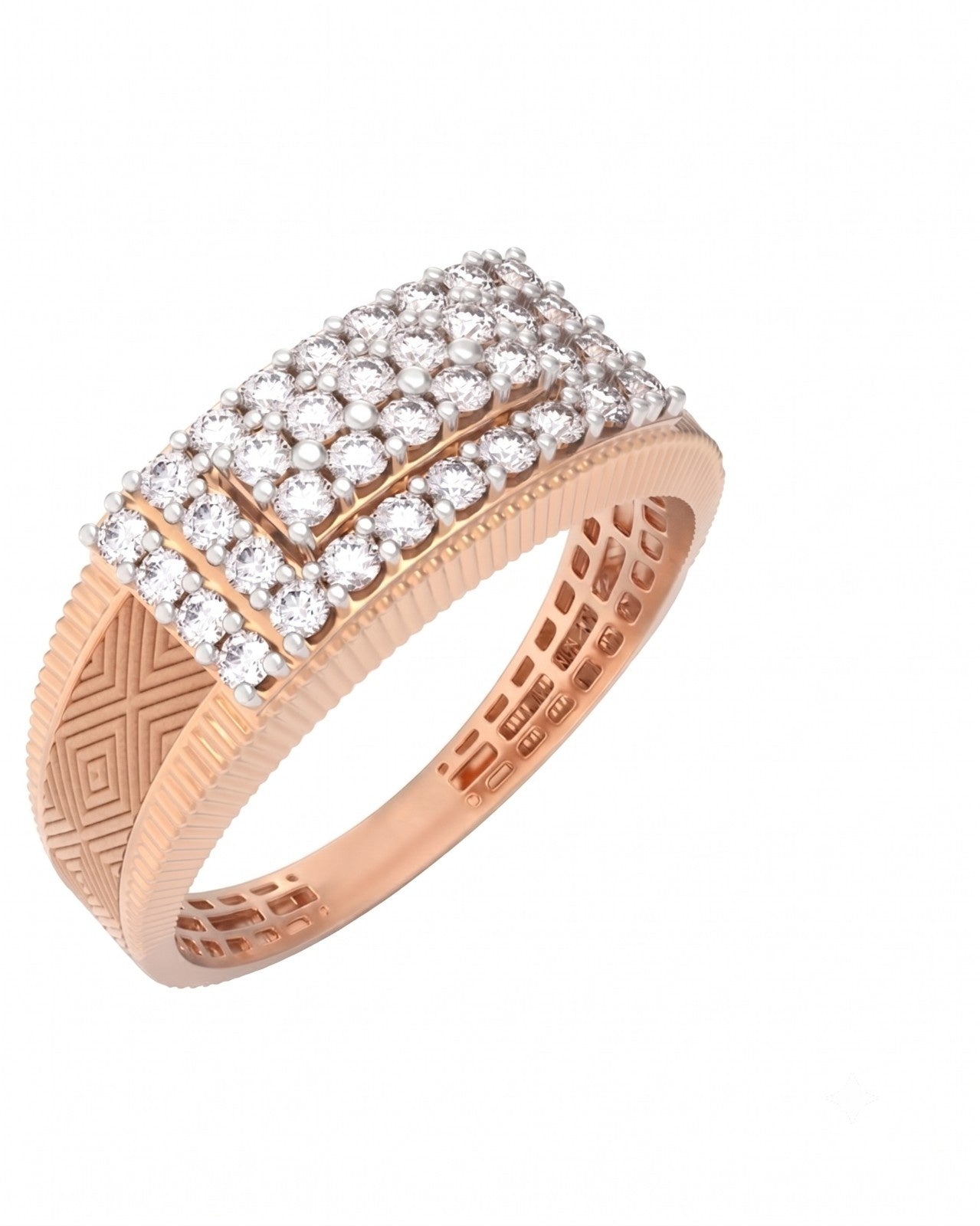 A rose gold ring with a geometric block design, and textured geometric, shown on a white background.